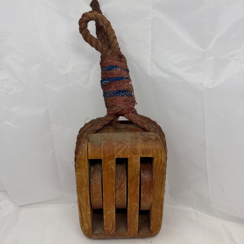 Vintage Wooden Triple Pulley Block Nautical Industrial Decor Rope Handle 10.5in
